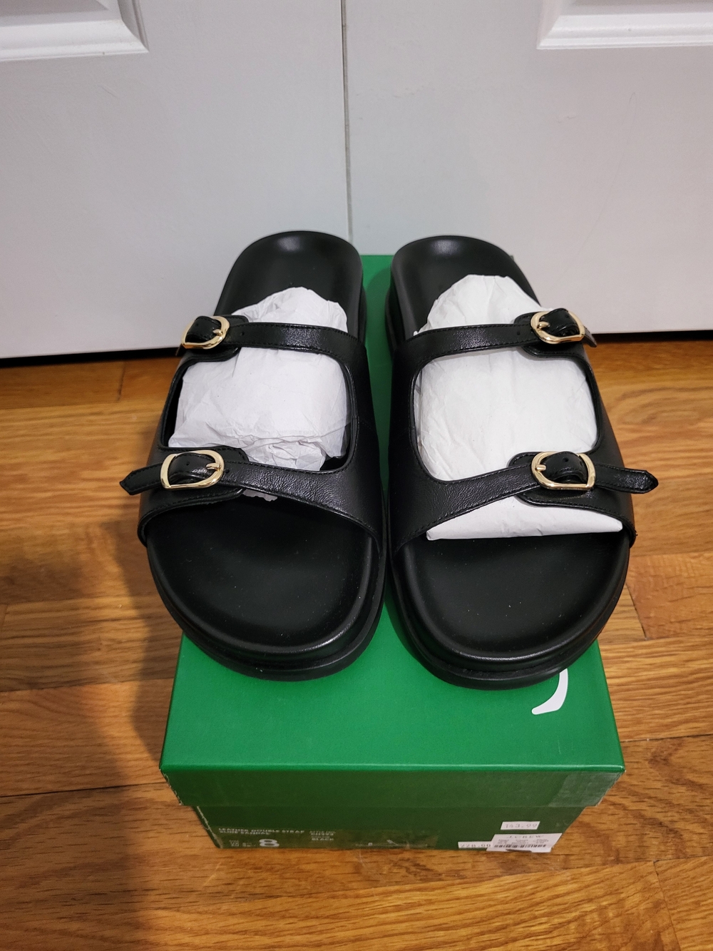J. Crew Black Double Buckle Slide Sandals with Gold Buckles